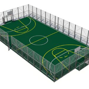 Ограждение спортивной площадки  со встроенными воротами с баскетбольными кольцами.
